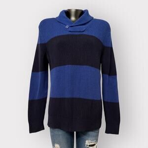 Express Popover Shawl Collar Sweater sz L Mens Twee Preppy Long Sleeve Navy Blue